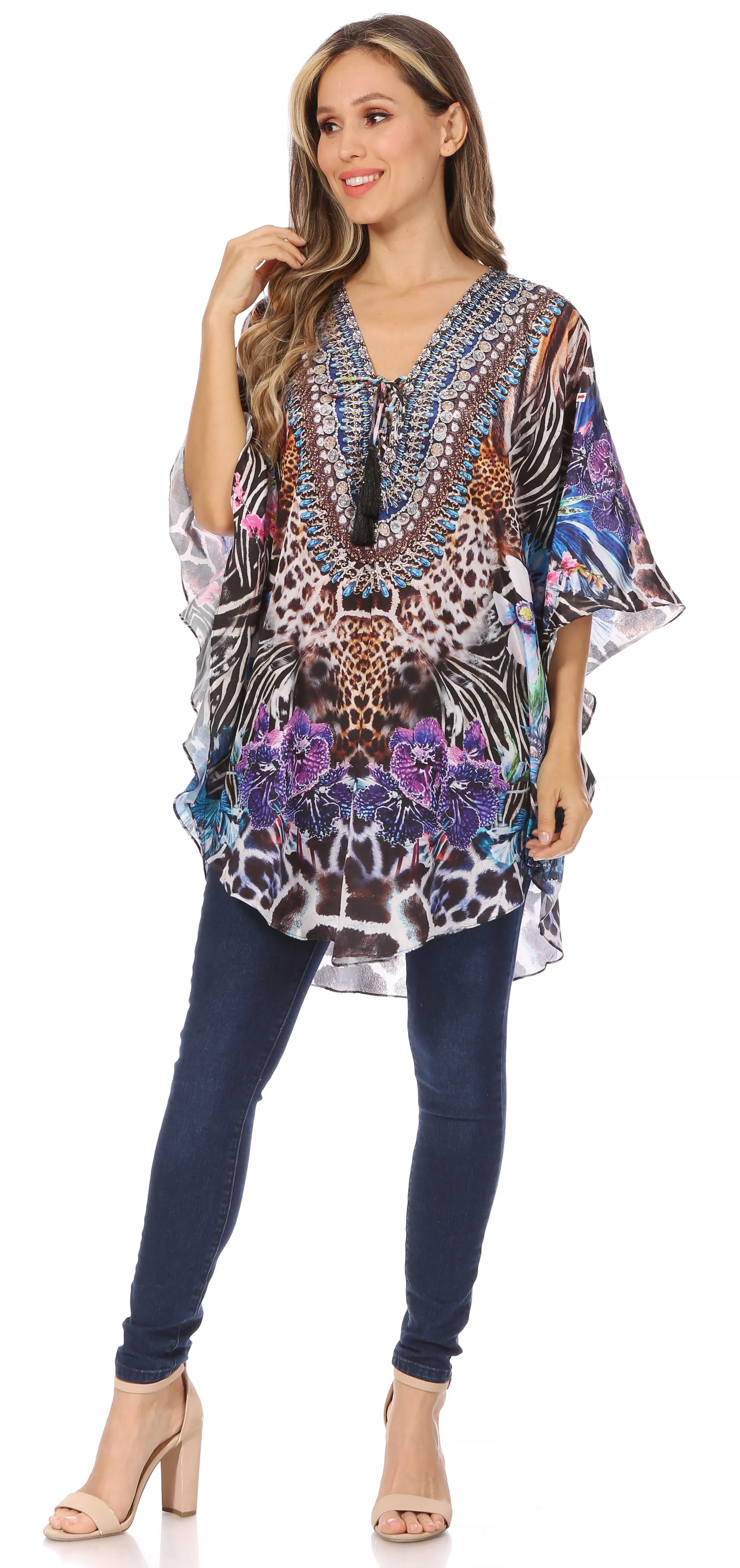 Sakkas Tallulah Wide Circle Blouse V Neck Top With Tassle Ties And Rhinestones