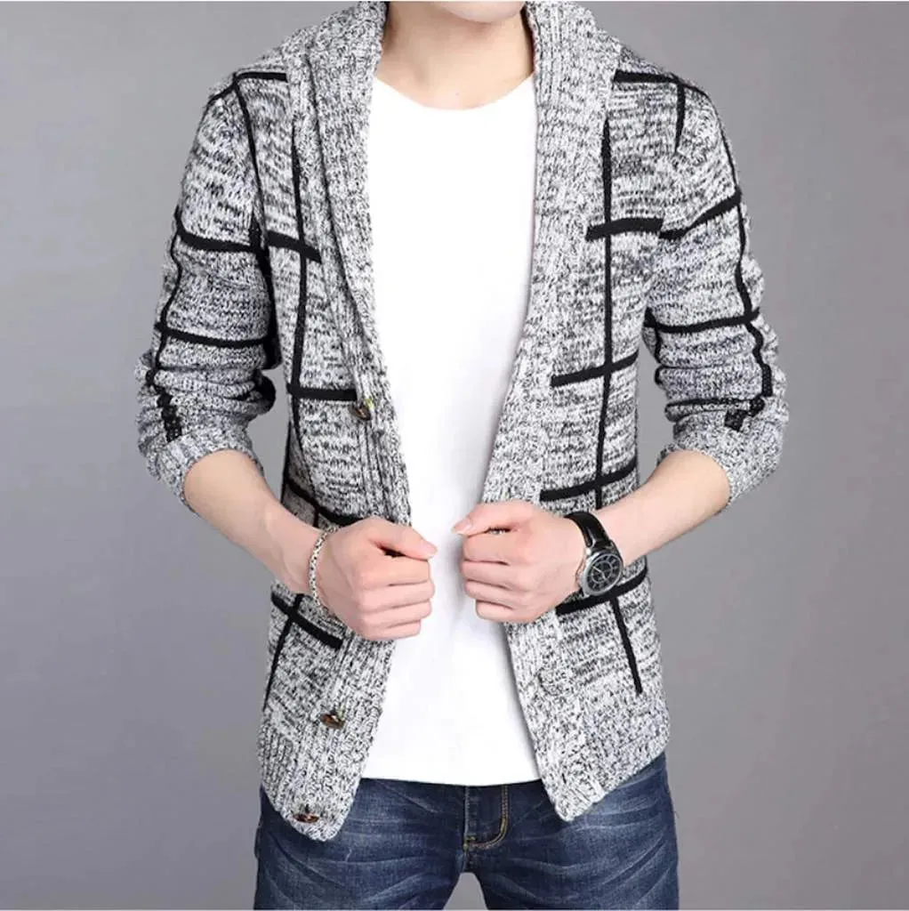 Shawl Collar Grey Stripped Cardigan