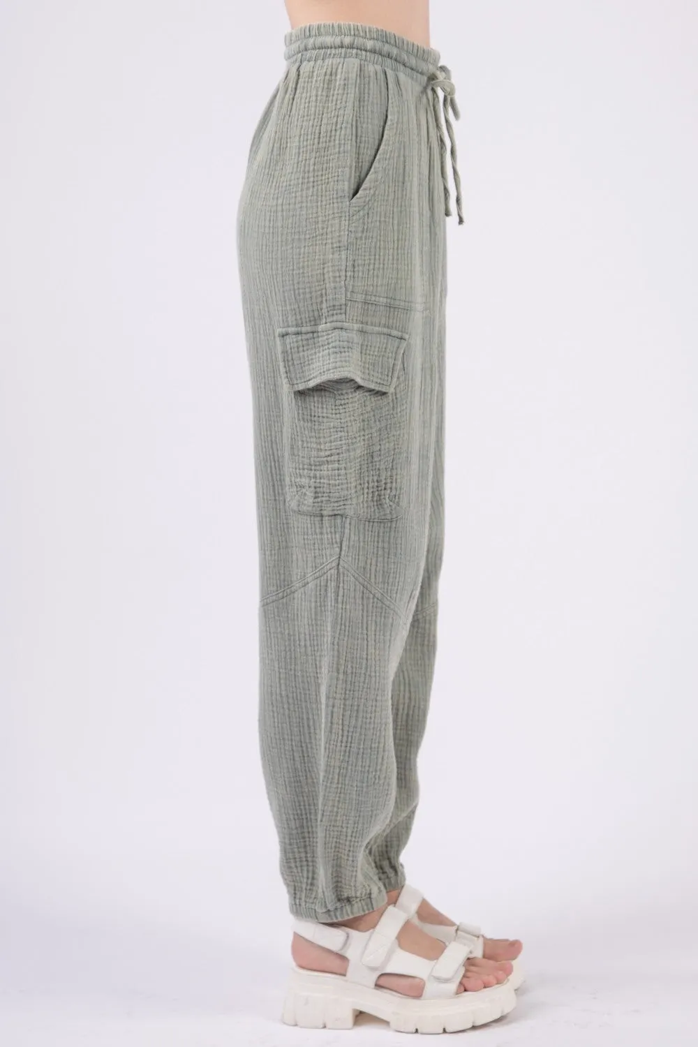 VERY J Washed Woven Crinkle Gauze Drawstring Pants