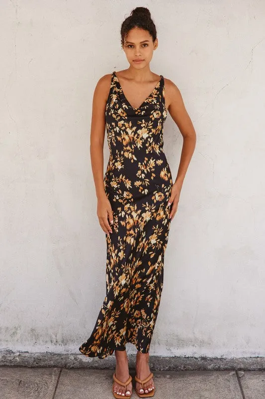 Waitlist 11/20 ♥ Kira Sleeveless Cowl Neck Twisted Back Floral Print Maxi Dress Black