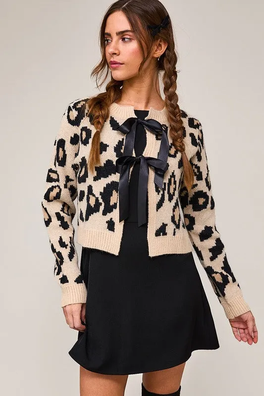 Waitlist 1/4 ♥ Erin Long Sleeve Bow Tie Leopard Print Cardigan Taupe