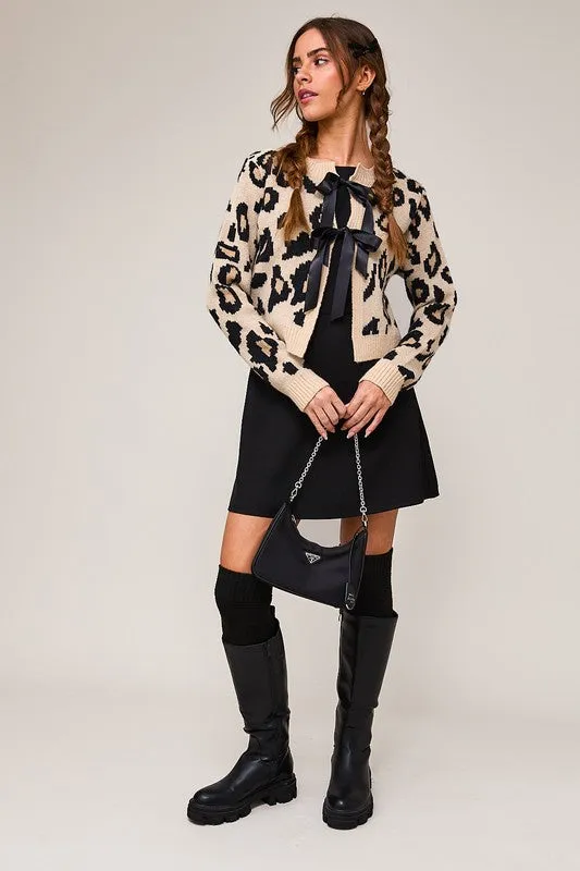 Waitlist 1/4 ♥ Erin Long Sleeve Bow Tie Leopard Print Cardigan Taupe