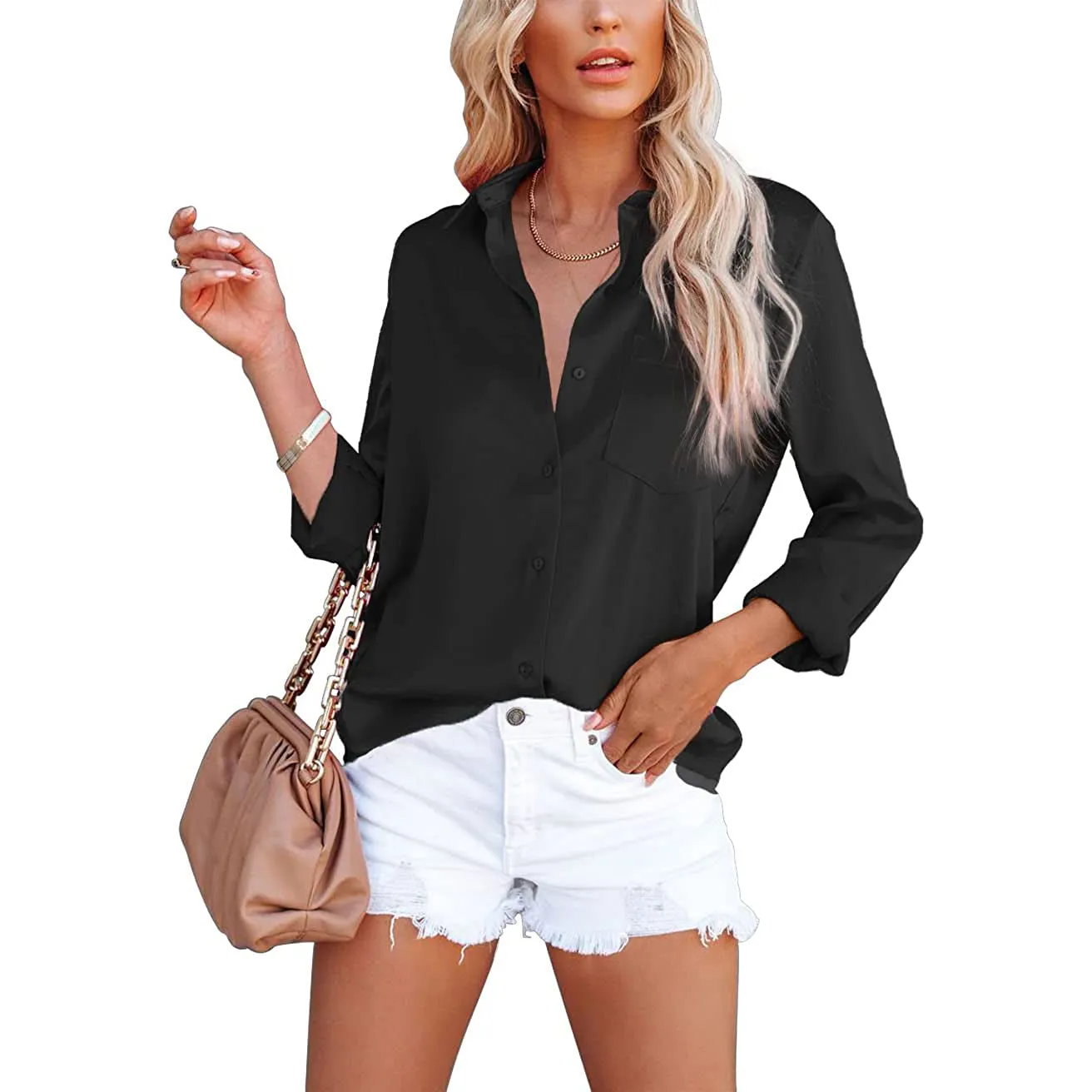 Women's Button Down Shirts Satin V Neck Long Sleeve