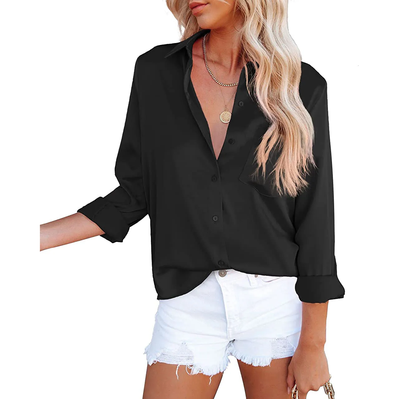 Women's Button Down Shirts Satin V Neck Long Sleeve