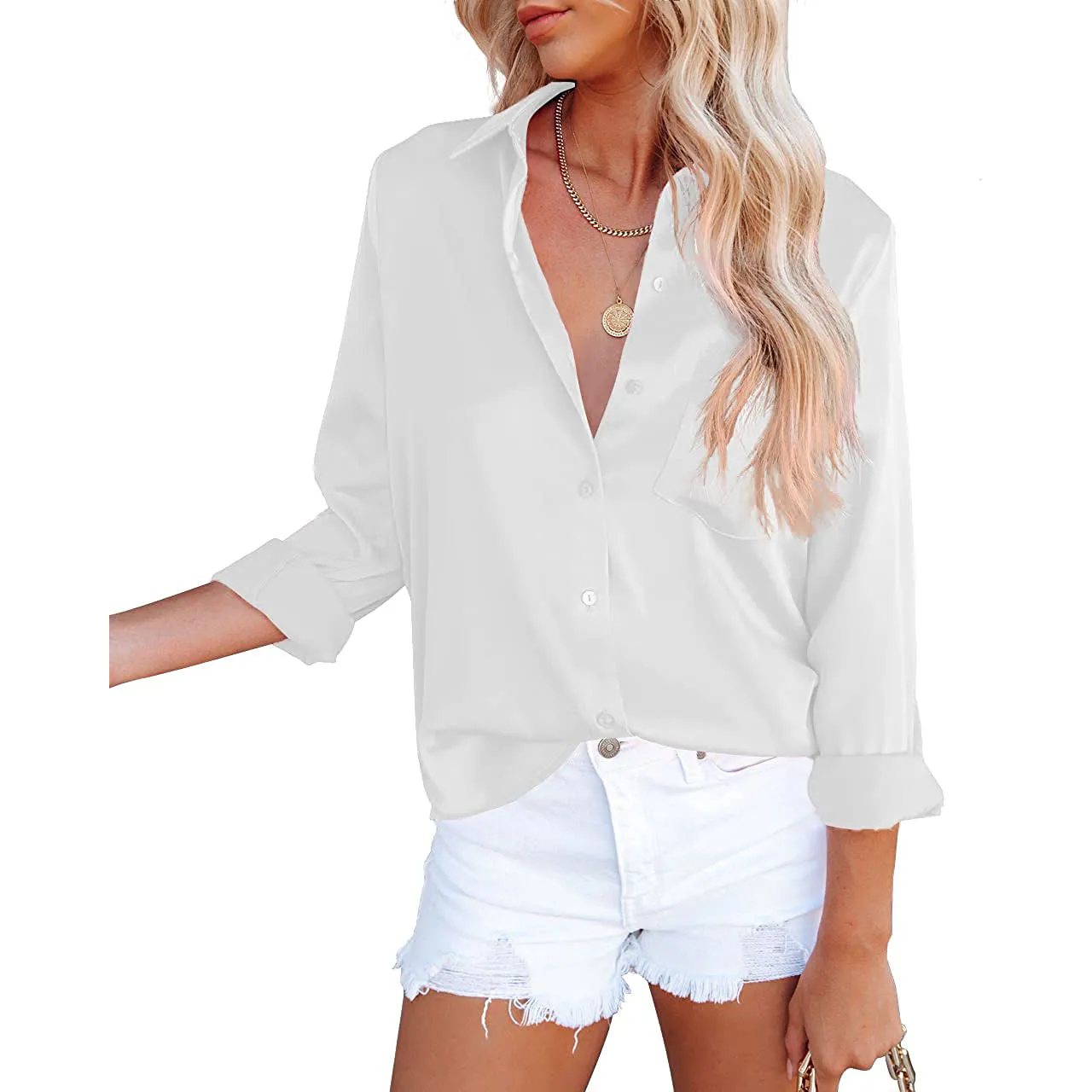 Women's Button Down Shirts Satin V Neck Long Sleeve