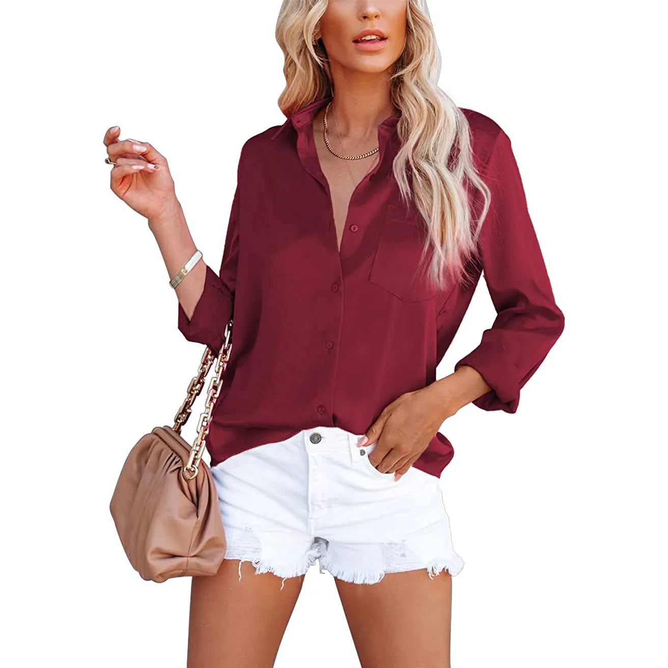 Women's Button Down Shirts Satin V Neck Long Sleeve