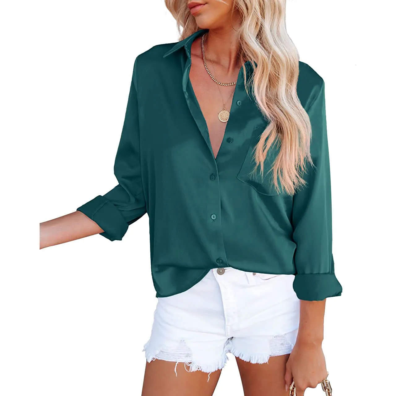 Women's Button Down Shirts Satin V Neck Long Sleeve