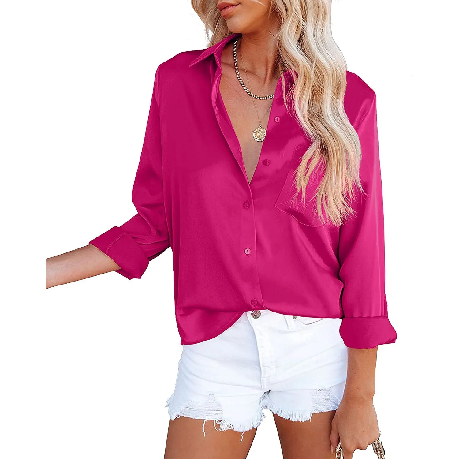 Women's Button Down Shirts Satin V Neck Long Sleeve