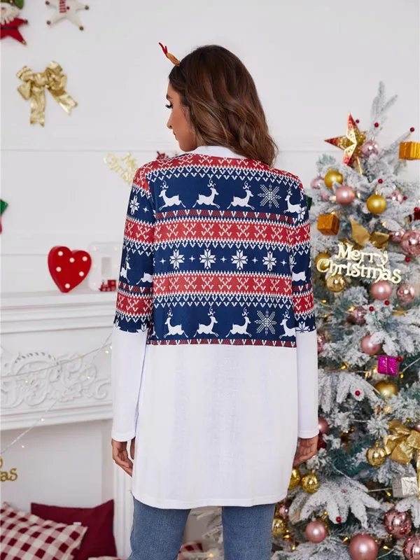 Women's Colour Block Christmas Print Open Front Cardigan