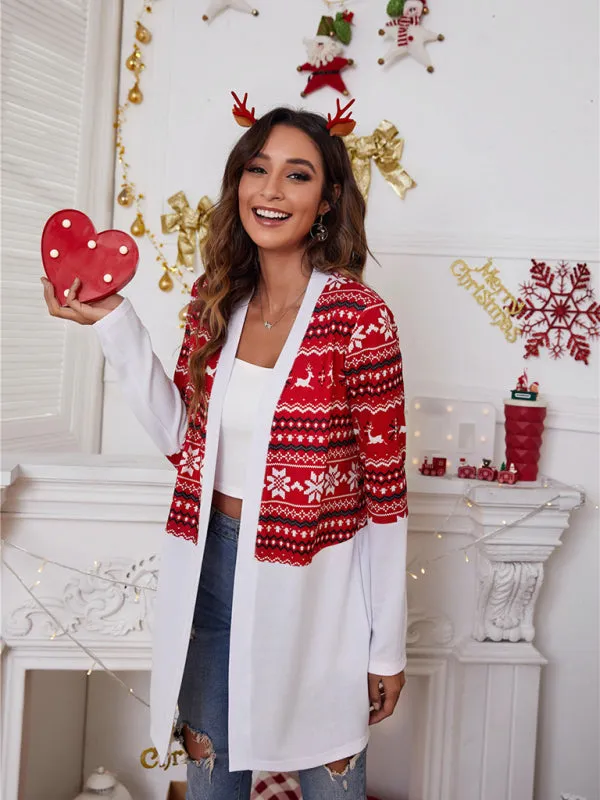 Women's Colour Block Christmas Print Open Front Cardigan