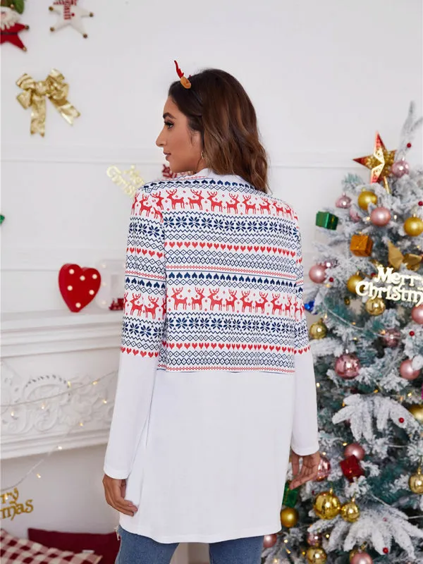 Women's Colour Block Christmas Print Open Front Cardigan