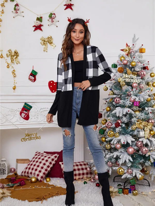 Women's Colour Block Christmas Print Open Front Cardigan