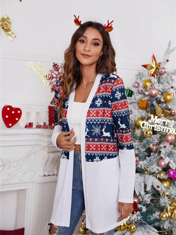 Women's Colour Block Christmas Print Open Front Cardigan