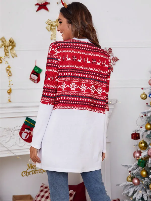 Women's Colour Block Christmas Print Open Front Cardigan