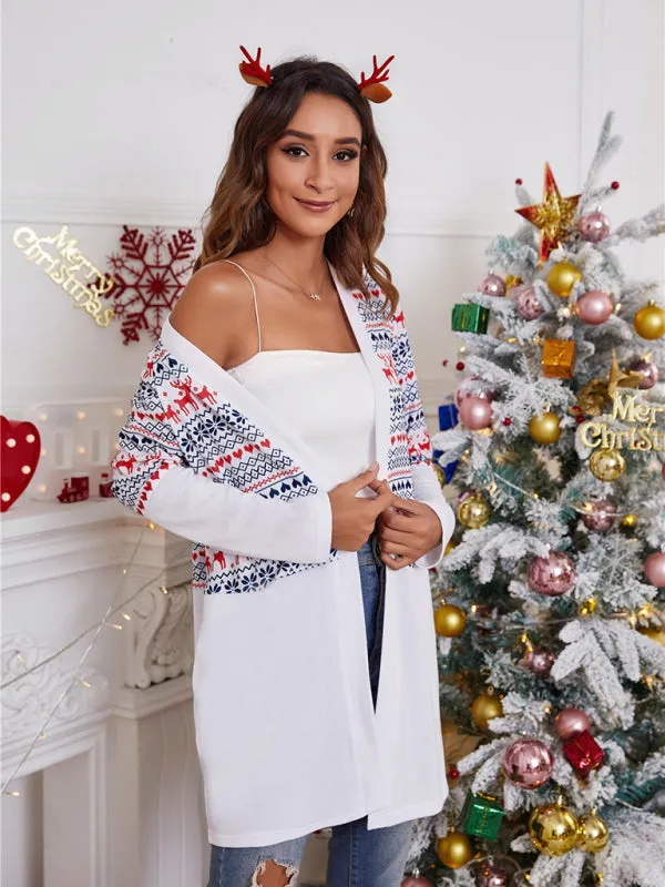 Women's Colour Block Christmas Print Open Front Cardigan