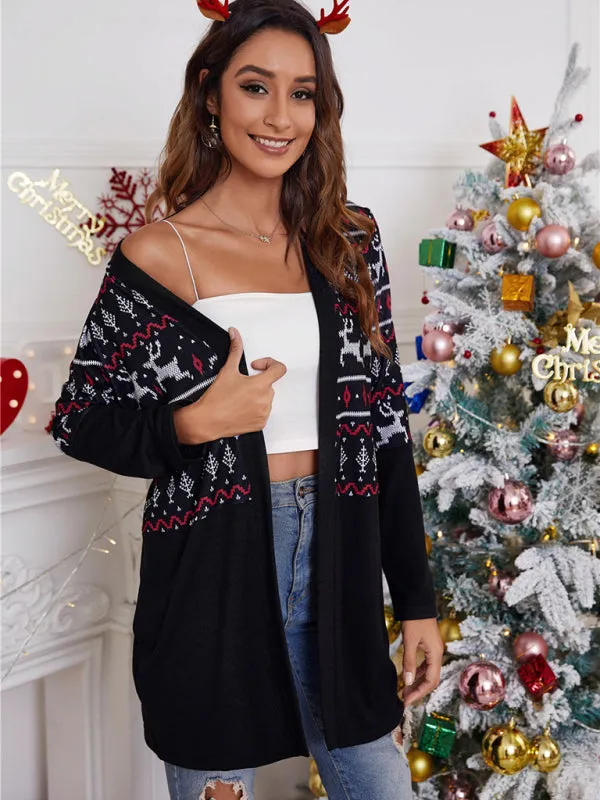 Women's Colour Block Christmas Print Open Front Cardigan