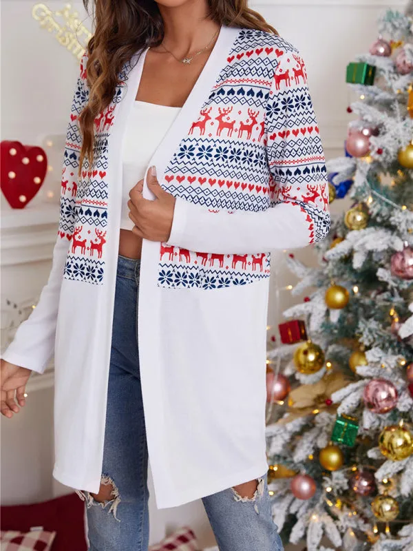 Women's Colour Block Christmas Print Open Front Cardigan