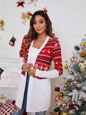 Women's Colour Block Christmas Print Open Front Cardigan