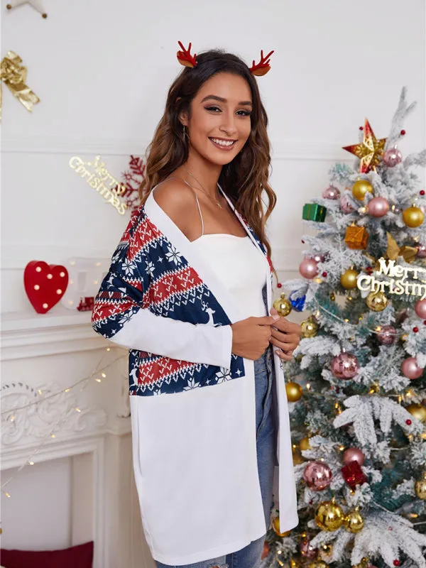 Women's Colour Block Christmas Print Open Front Cardigan