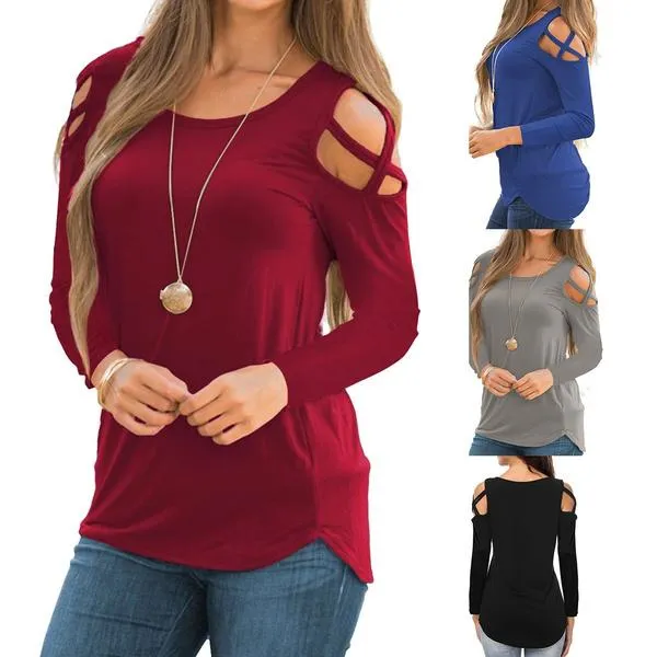 Womens Fashion Casual Loose Tunic Long Sleeved Shoulder Shirt