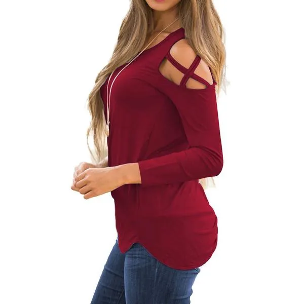 Womens Fashion Casual Loose Tunic Long Sleeved Shoulder Shirt