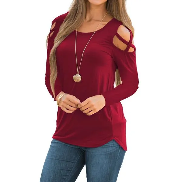 Womens Fashion Casual Loose Tunic Long Sleeved Shoulder Shirt