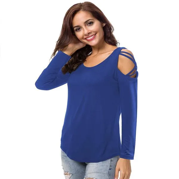 Womens Fashion Casual Loose Tunic Long Sleeved Shoulder Shirt