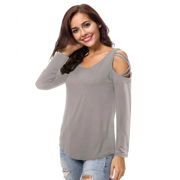 Womens Fashion Casual Loose Tunic Long Sleeved Shoulder Shirt