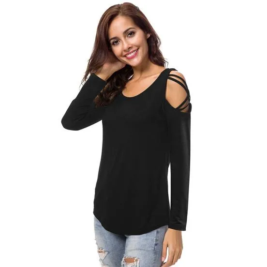 Womens Fashion Casual Loose Tunic Long Sleeved Shoulder Shirt