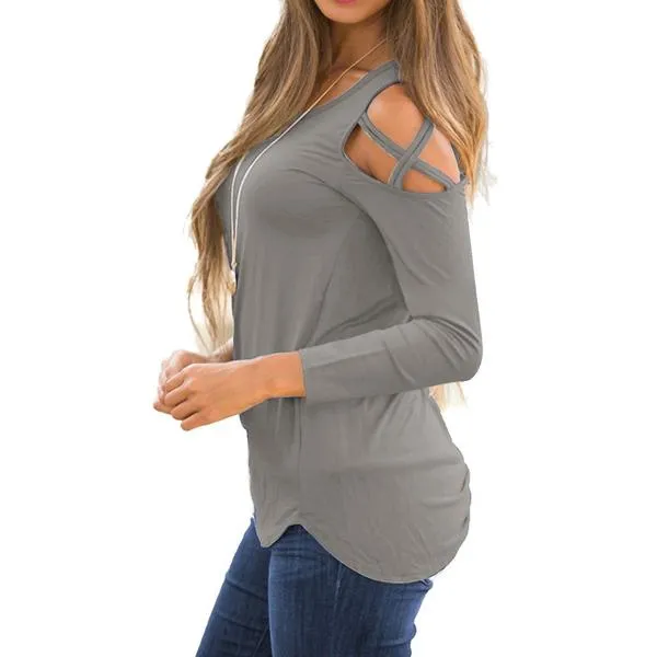 Womens Fashion Casual Loose Tunic Long Sleeved Shoulder Shirt