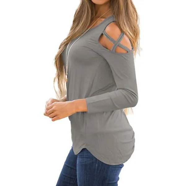 Womens Fashion Casual Loose Tunic Long Sleeved Shoulder Shirt