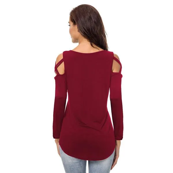 Womens Fashion Casual Loose Tunic Long Sleeved Shoulder Shirt