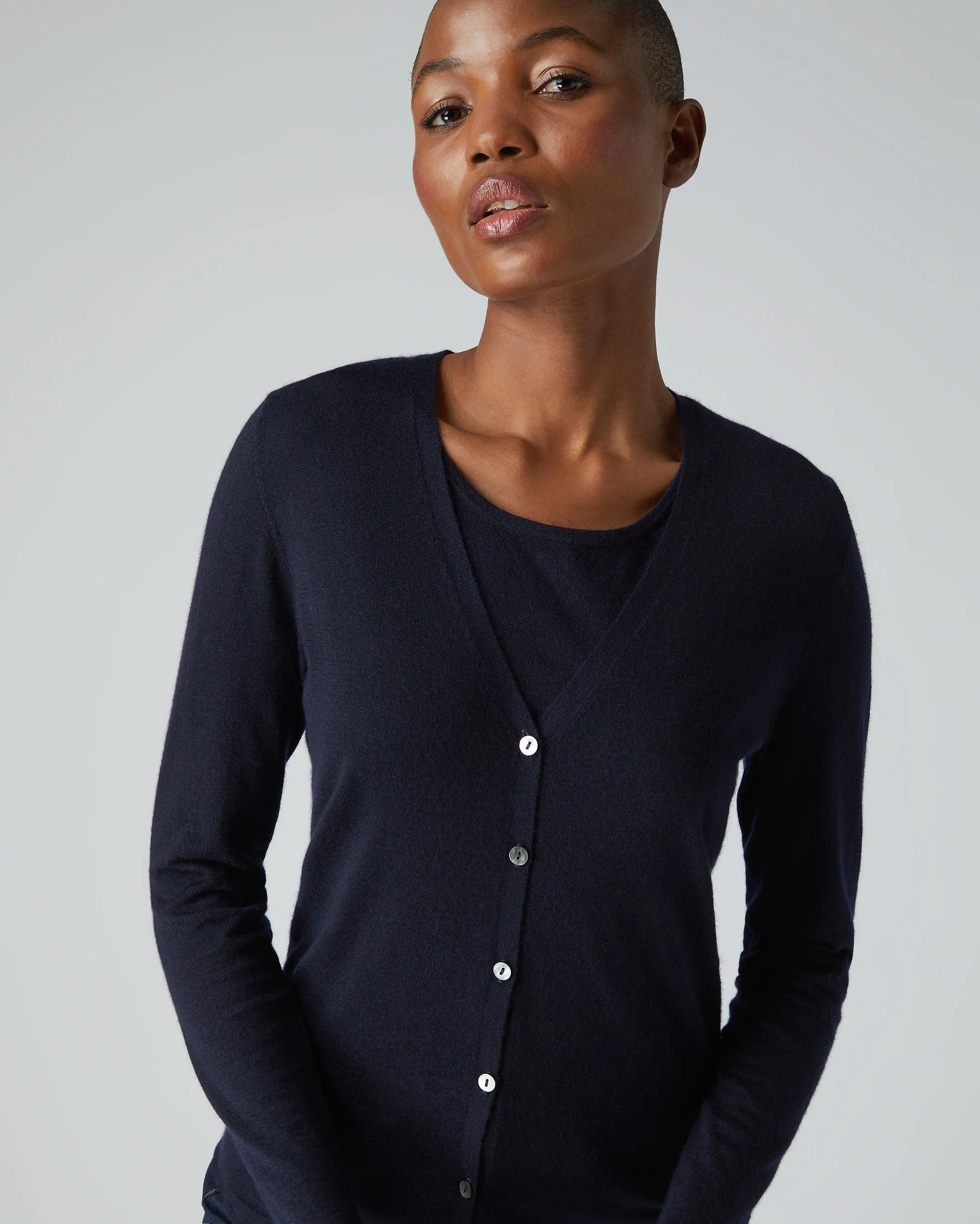 Women's Mia Superfine Cashmere V Neck Cardigan Navy Blue