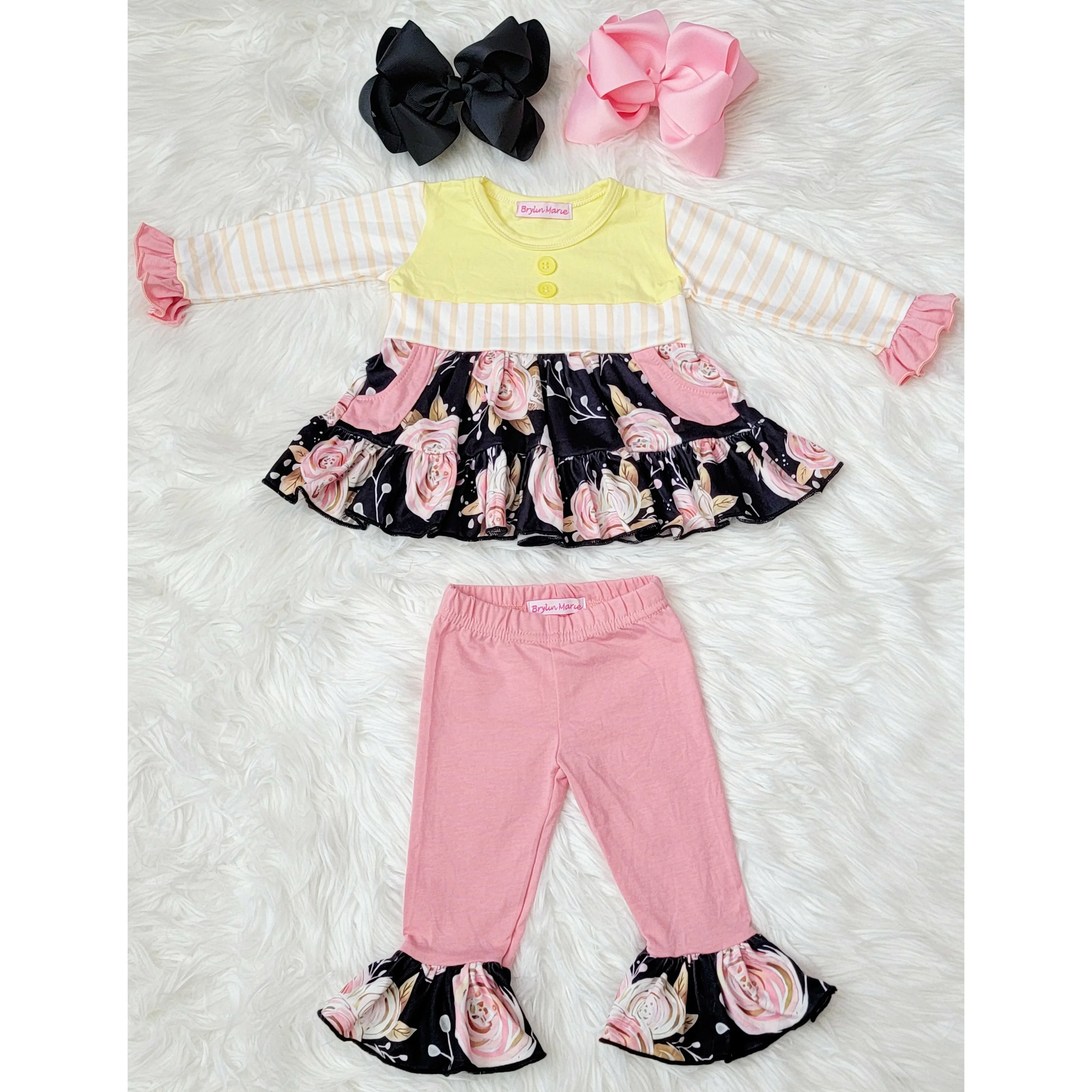 Yellow & Black Coral Pink Flower Ruffle Set